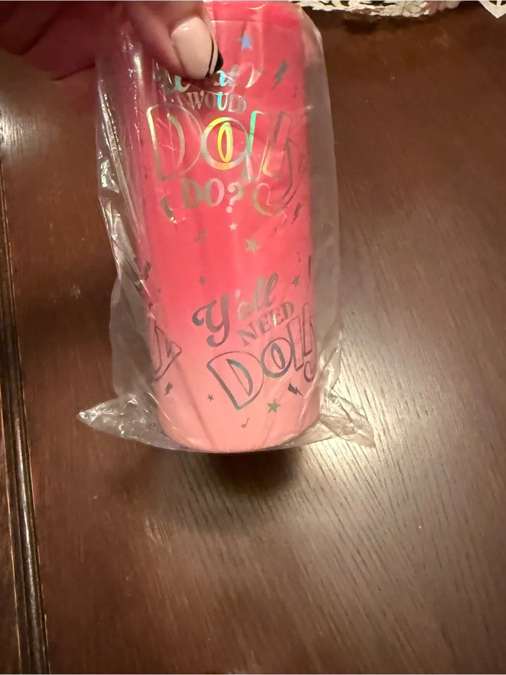 Dolly Parton Pink Slim Drink Holder Tumbler Gold Script WHAT WOULD DOLLY DO?